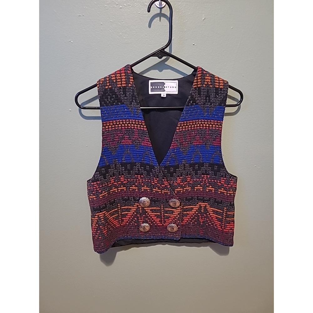 VTG Rhonda‎ Stark Southwestern Aztec Wool Blend Vest Sz Med Open Front USA Made